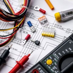 Close-up of a multimeter, colorful wires, and electrical connectors on a circuit diagram sheet. This image highlights essential tools for rewiring and other electrical services crucial in creating safe and efficient circuits.