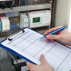 A person holding a pen and clipboard with a chart stands before an open electrical control panel, vibrant wires, and components showcasing the rewiring expertise needed for comprehensive home buyers reports.